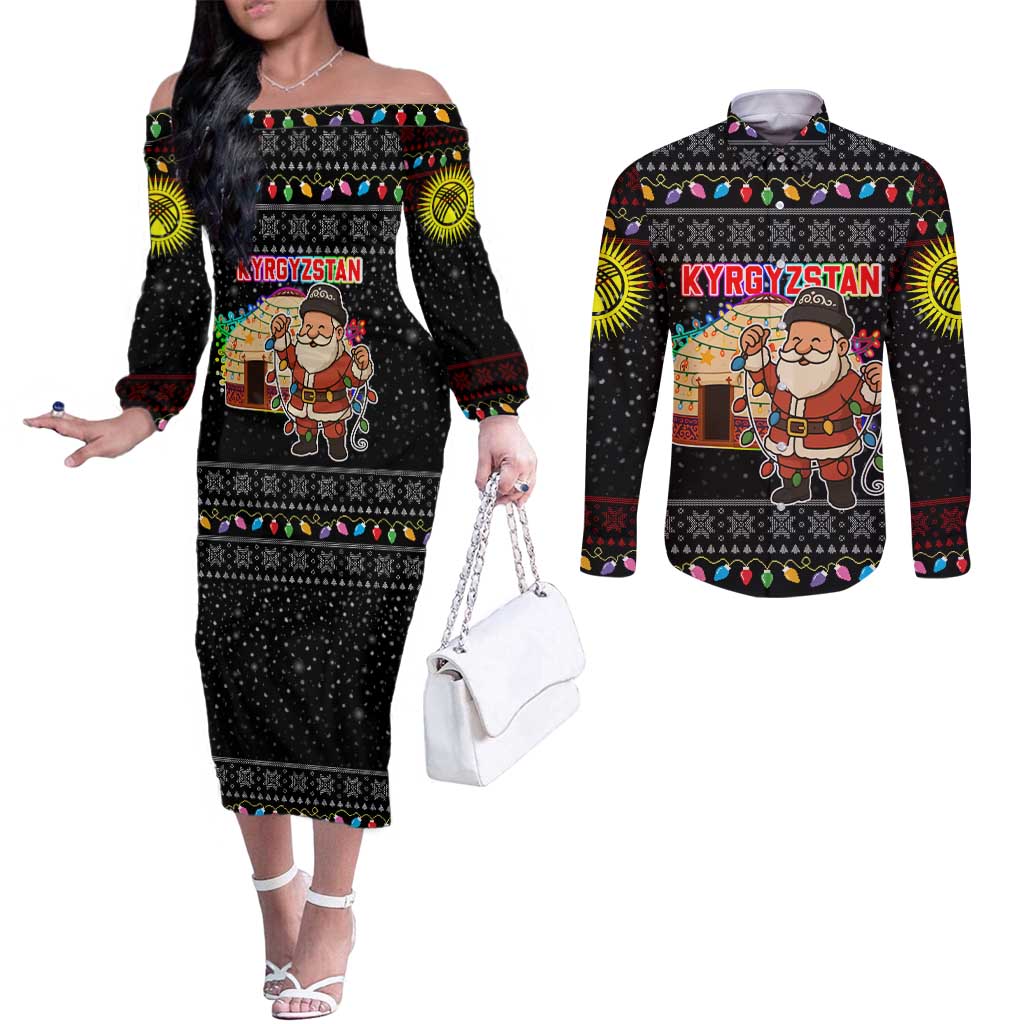 Kyrgyzstan Christmas Couples Matching Off The Shoulder Long Sleeve Dress and Long Sleeve Button Shirt with Santa Decorating Yurt Colorful Lights Snowflakes and National - Wonder Print Shop