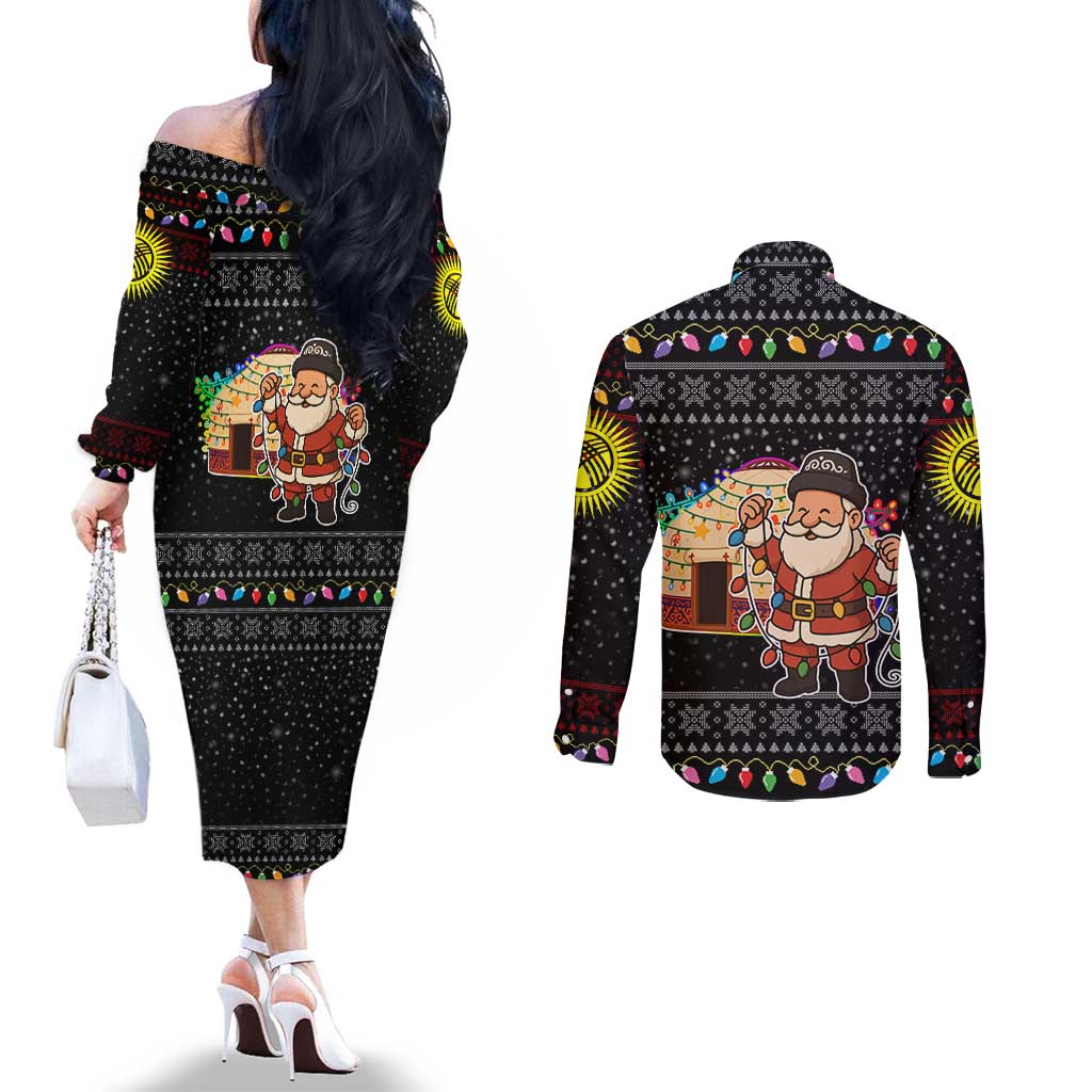 Kyrgyzstan Christmas Couples Matching Off The Shoulder Long Sleeve Dress and Long Sleeve Button Shirt with Santa Decorating Yurt Colorful Lights Snowflakes and National - Wonder Print Shop