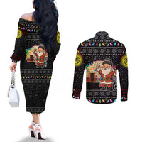 Kyrgyzstan Christmas Couples Matching Off The Shoulder Long Sleeve Dress and Long Sleeve Button Shirt with Santa Decorating Yurt Colorful Lights Snowflakes and National - Wonder Print Shop
