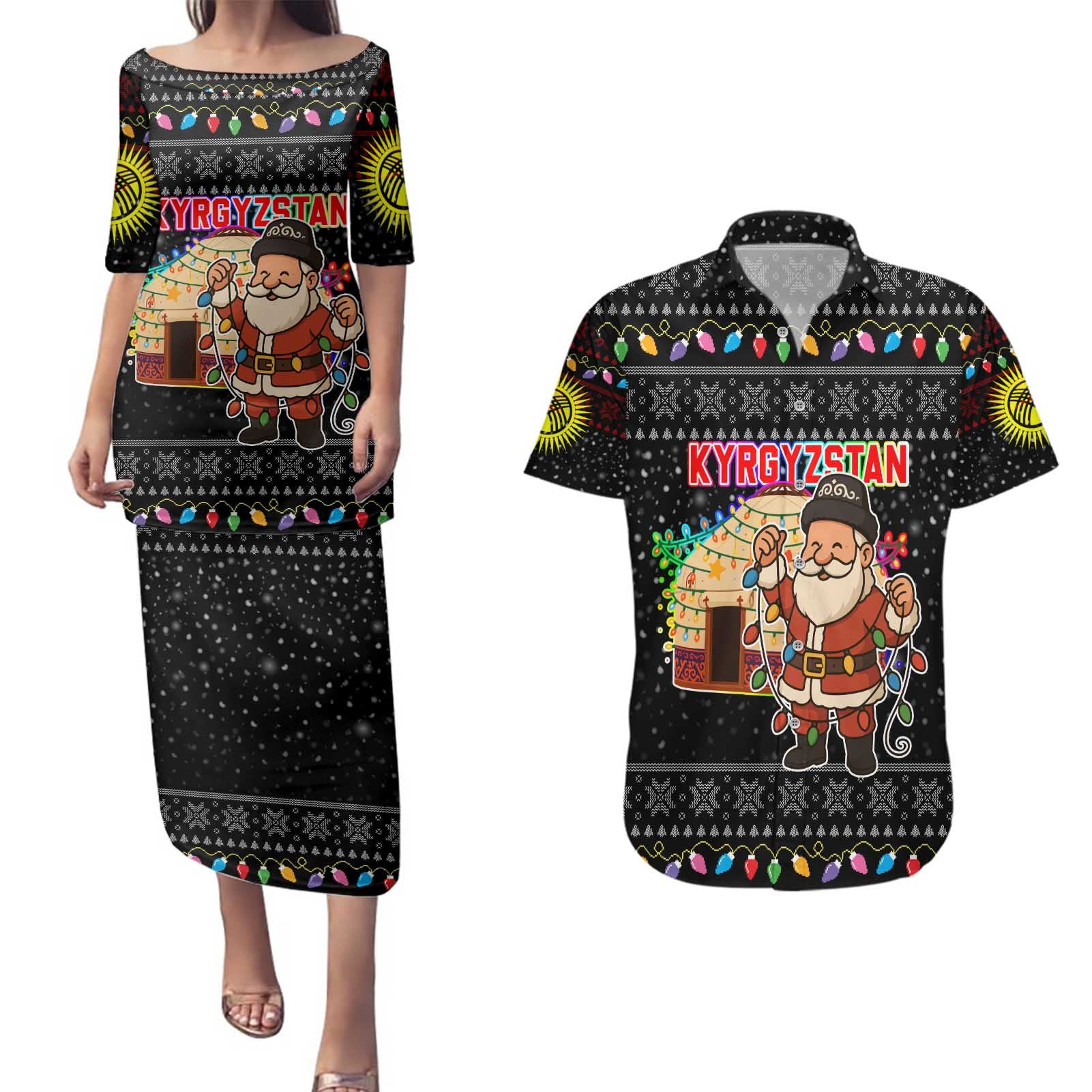 Kyrgyzstan Christmas Couples Matching Puletasi and Hawaiian Shirt with Santa Decorating Yurt Colorful Lights Snowflakes and National - Wonder Print Shop