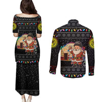 Kyrgyzstan Christmas Couples Matching Puletasi and Long Sleeve Button Shirt with Santa Decorating Yurt Colorful Lights Snowflakes and National - Wonder Print Shop