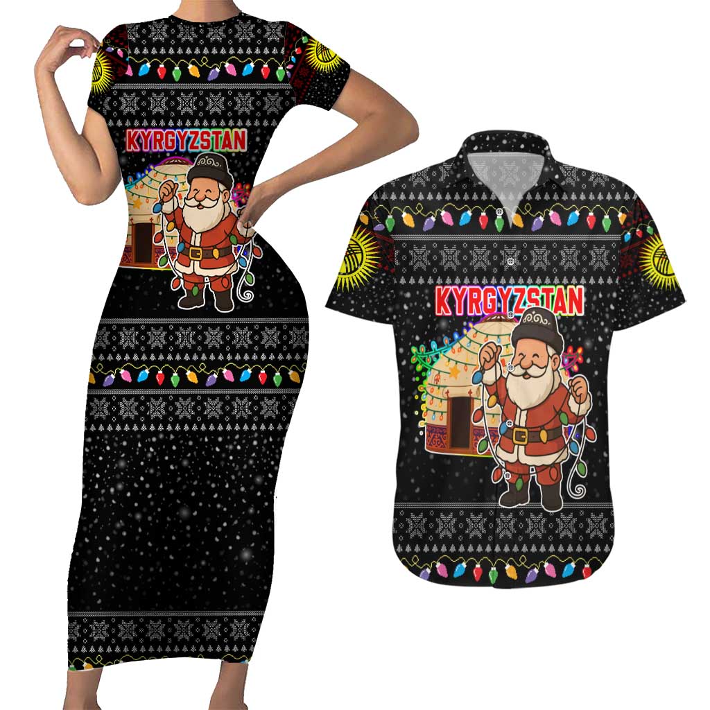 Kyrgyzstan Christmas Couples Matching Short Sleeve Bodycon Dress and Hawaiian Shirt with Santa Decorating Yurt Colorful Lights Snowflakes and National - Wonder Print Shop