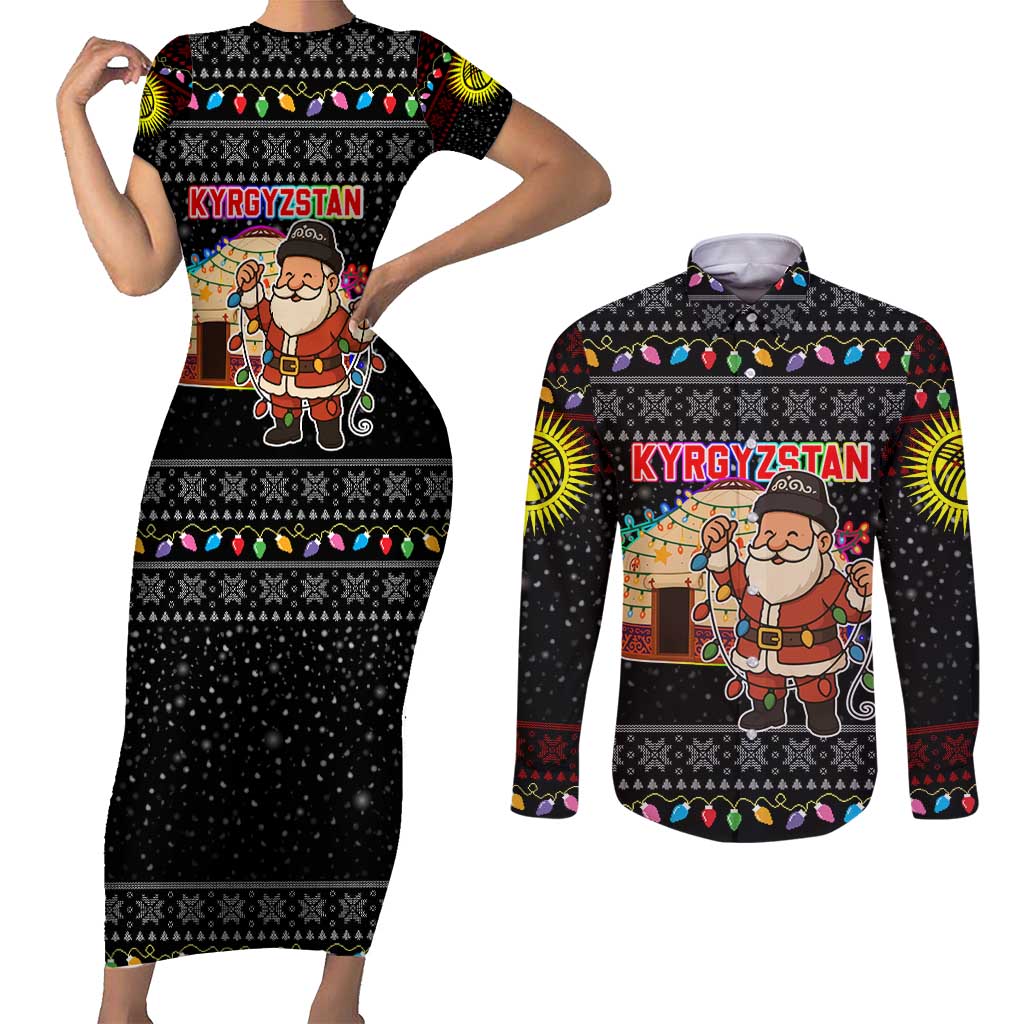 Kyrgyzstan Christmas Couples Matching Short Sleeve Bodycon Dress and Long Sleeve Button Shirt with Santa Decorating Yurt Colorful Lights Snowflakes and National - Wonder Print Shop