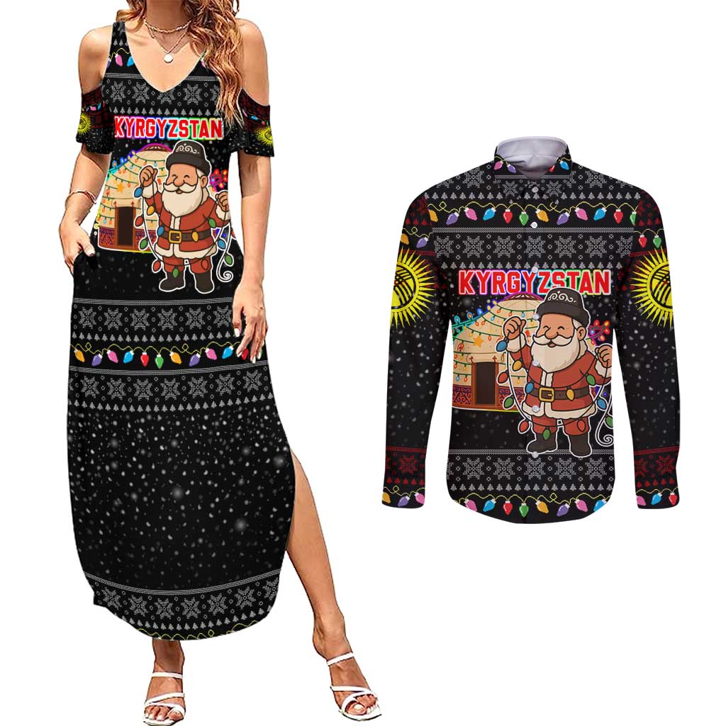 Kyrgyzstan Christmas Couples Matching Summer Maxi Dress and Long Sleeve Button Shirt with Santa Decorating Yurt Colorful Lights Snowflakes and National - Wonder Print Shop