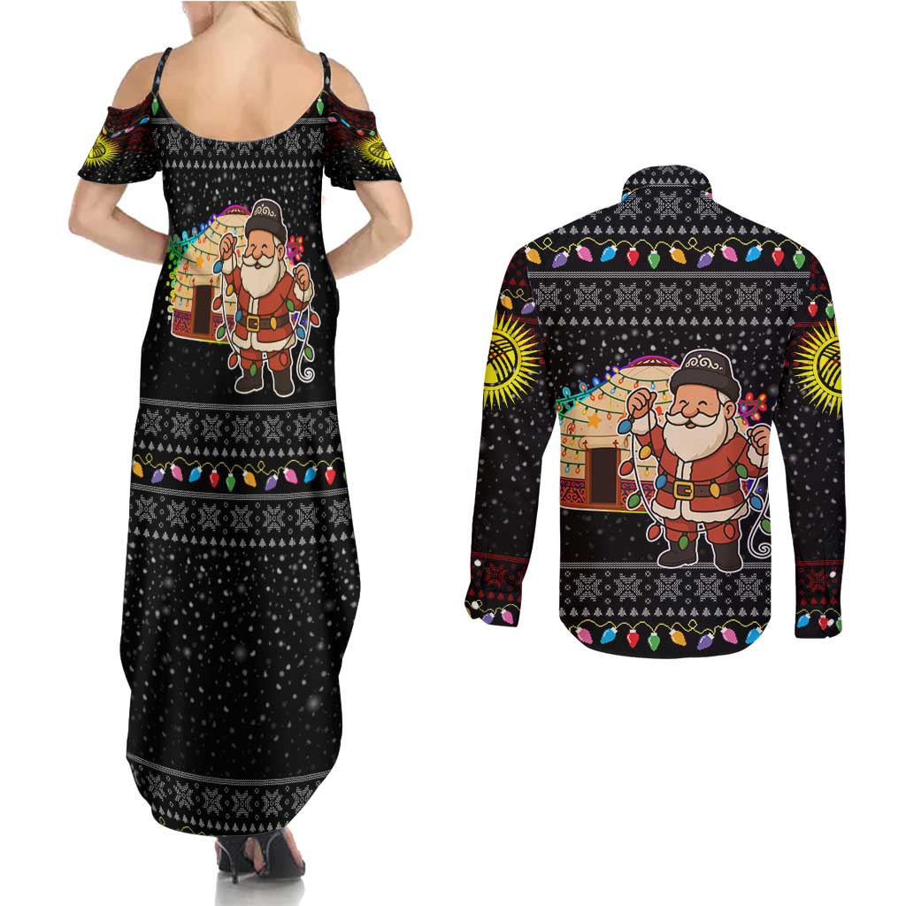 Kyrgyzstan Christmas Couples Matching Summer Maxi Dress and Long Sleeve Button Shirt with Santa Decorating Yurt Colorful Lights Snowflakes and National - Wonder Print Shop