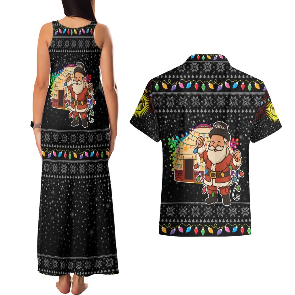 Kyrgyzstan Christmas Couples Matching Tank Maxi Dress and Hawaiian Shirt with Santa Decorating Yurt Colorful Lights Snowflakes and National - Wonder Print Shop