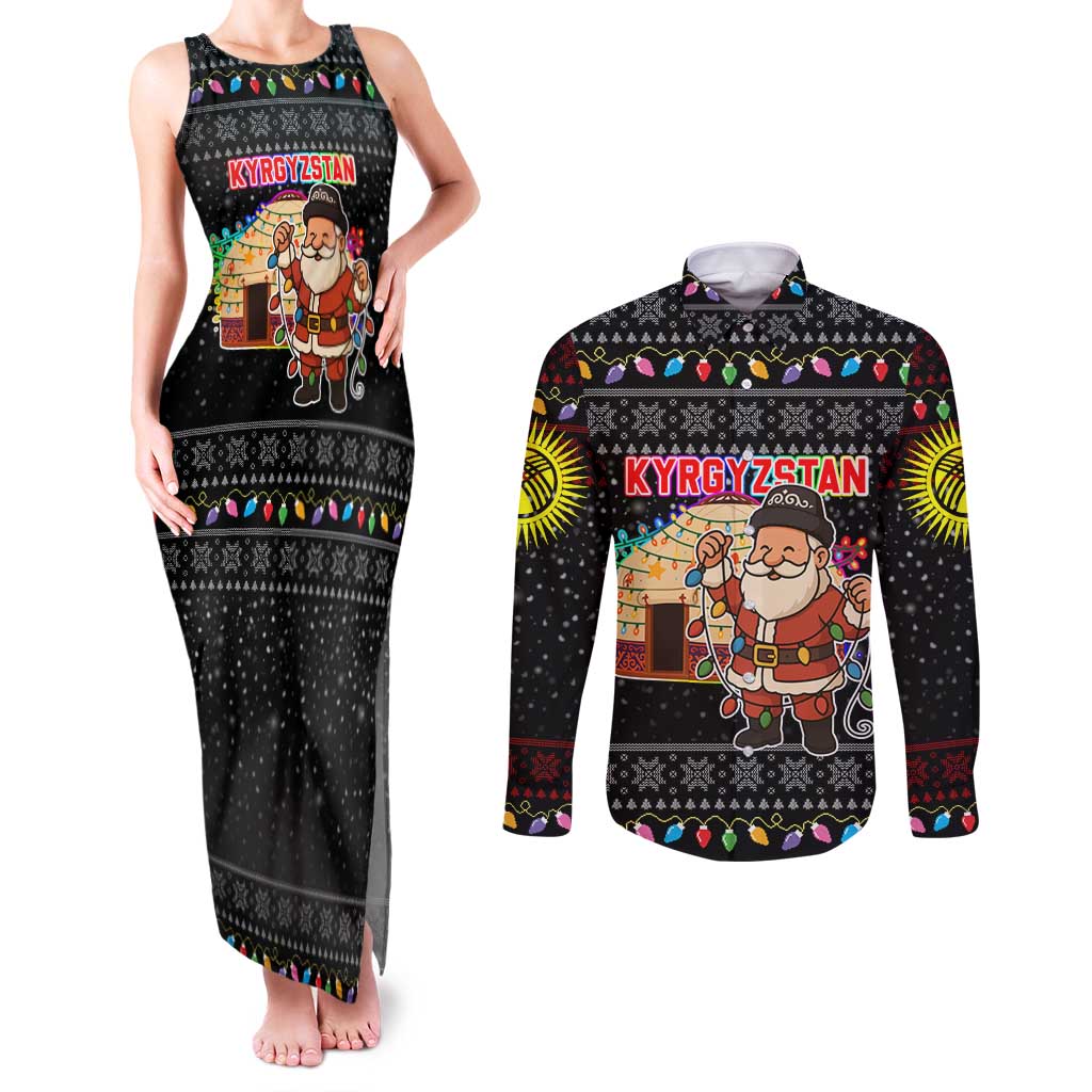 Kyrgyzstan Christmas Couples Matching Tank Maxi Dress and Long Sleeve Button Shirt with Santa Decorating Yurt Colorful Lights Snowflakes and National - Wonder Print Shop
