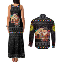 Kyrgyzstan Christmas Couples Matching Tank Maxi Dress and Long Sleeve Button Shirt with Santa Decorating Yurt Colorful Lights Snowflakes and National - Wonder Print Shop