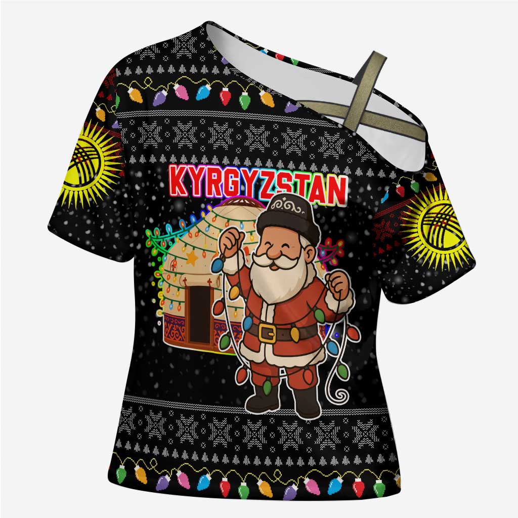 Kyrgyzstan Christmas Cross Shoulder Shirt with Santa Decorating Yurt Colorful Lights Snowflakes and National - Wonder Print Shop