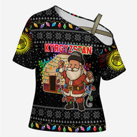 Kyrgyzstan Christmas Cross Shoulder Shirt with Santa Decorating Yurt Colorful Lights Snowflakes and National - Wonder Print Shop