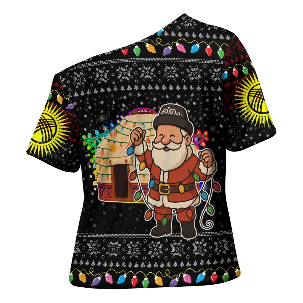 Kyrgyzstan Christmas Cross Shoulder Shirt with Santa Decorating Yurt Colorful Lights Snowflakes and National - Wonder Print Shop