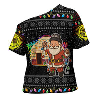 Kyrgyzstan Christmas Cross Shoulder Shirt with Santa Decorating Yurt Colorful Lights Snowflakes and National - Wonder Print Shop