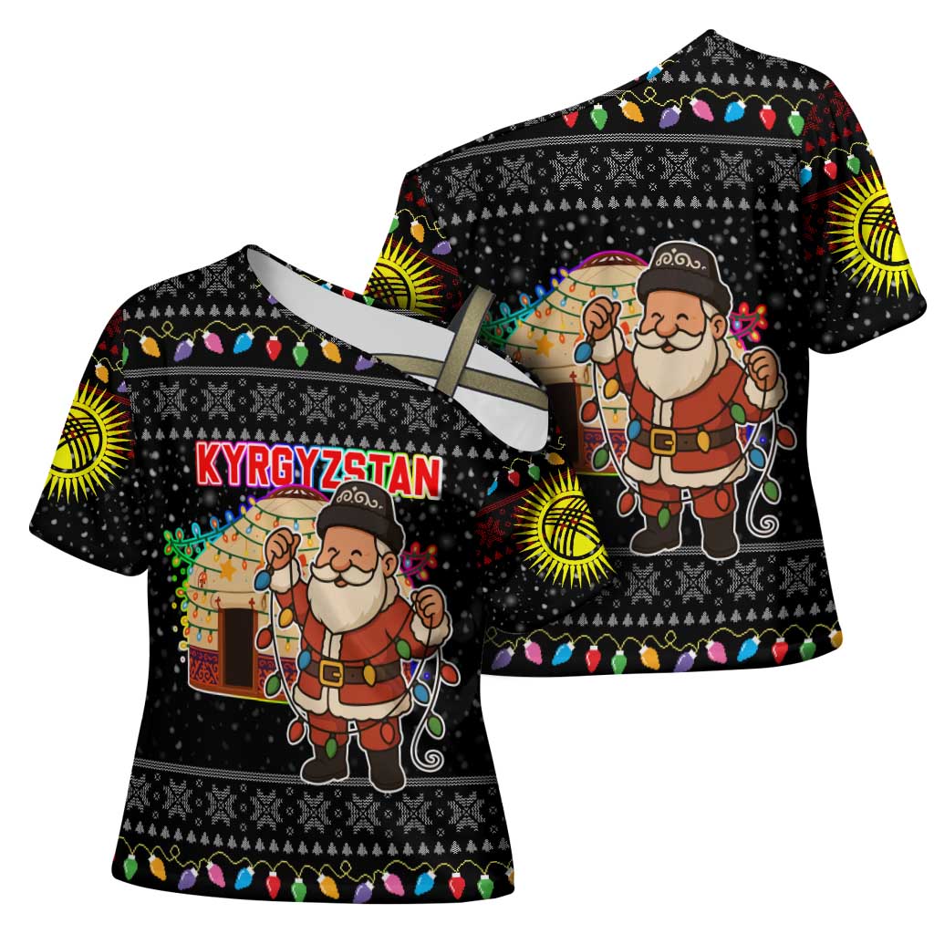 Kyrgyzstan Christmas Cross Shoulder Shirt with Santa Decorating Yurt Colorful Lights Snowflakes and National - Wonder Print Shop