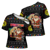 Kyrgyzstan Christmas Cross Shoulder Shirt with Santa Decorating Yurt Colorful Lights Snowflakes and National - Wonder Print Shop