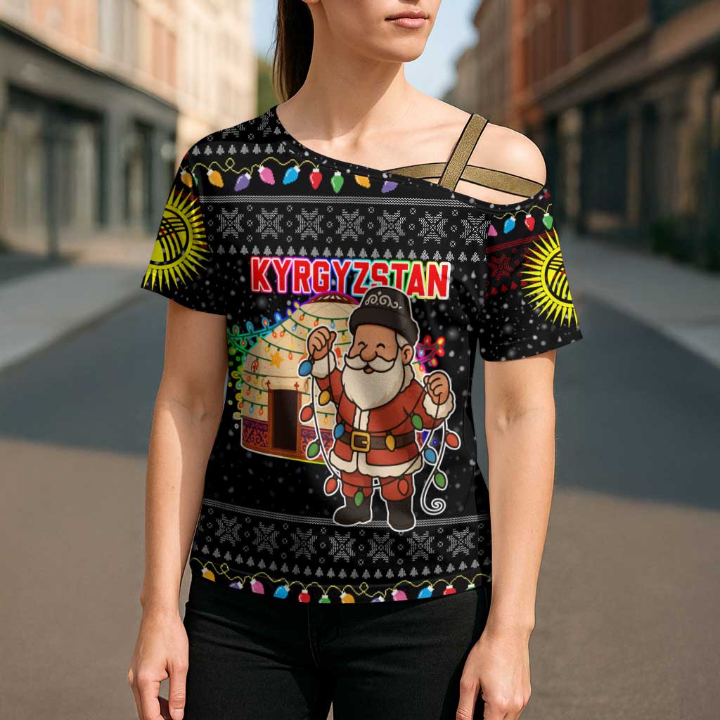 Kyrgyzstan Christmas Cross Shoulder Shirt with Santa Decorating Yurt Colorful Lights Snowflakes and National - Wonder Print Shop