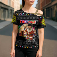 Kyrgyzstan Christmas Cross Shoulder Shirt with Santa Decorating Yurt Colorful Lights Snowflakes and National - Wonder Print Shop