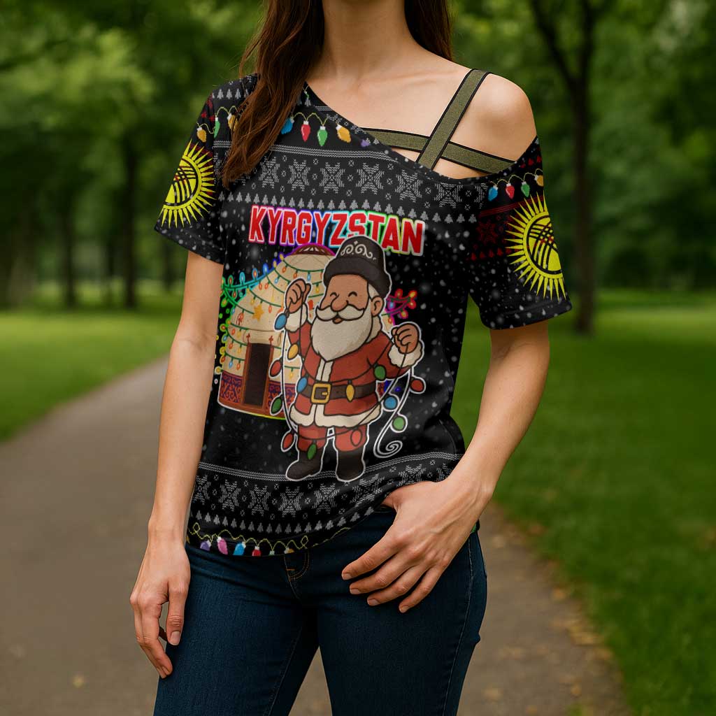 Kyrgyzstan Christmas Cross Shoulder Shirt with Santa Decorating Yurt Colorful Lights Snowflakes and National - Wonder Print Shop