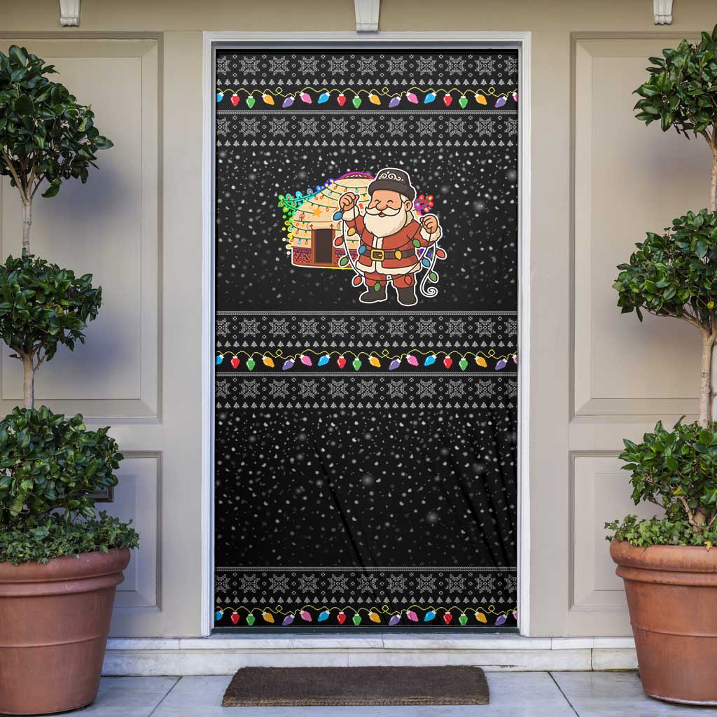 Kyrgyzstan Christmas Door Cover with Santa Decorating Yurt Colorful Lights Snowflakes and National - Wonder Print Shop