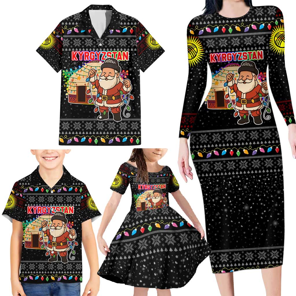 Kyrgyzstan Christmas Family Matching Long Sleeve Bodycon Dress and Hawaiian Shirt with Santa Decorating Yurt Colorful Lights Snowflakes and National - Wonder Print Shop