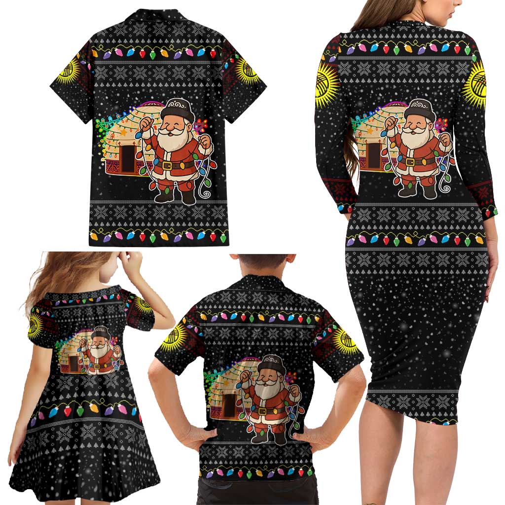 Kyrgyzstan Christmas Family Matching Long Sleeve Bodycon Dress and Hawaiian Shirt with Santa Decorating Yurt Colorful Lights Snowflakes and National - Wonder Print Shop