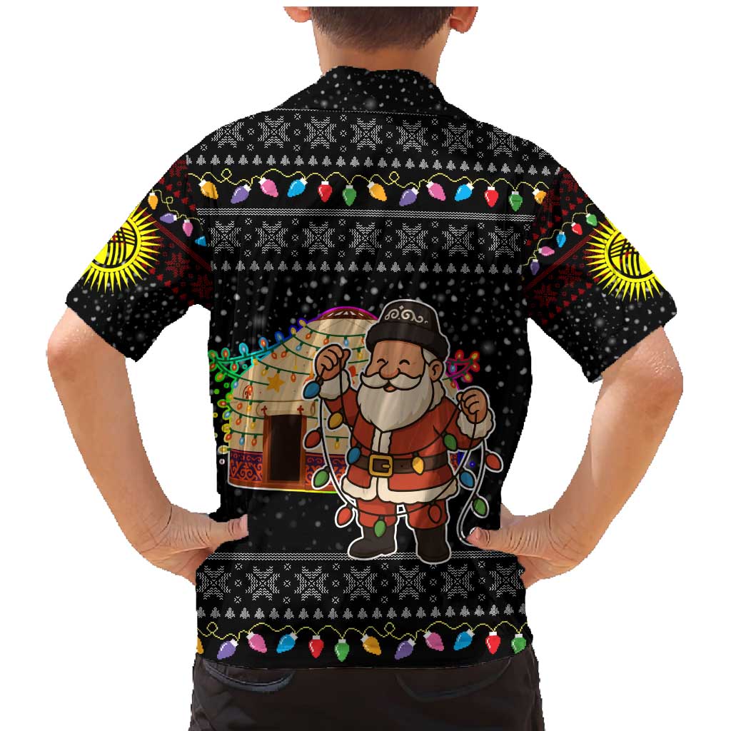 Kyrgyzstan Christmas Family Matching Mermaid Dress and Hawaiian Shirt with Santa Decorating Yurt Colorful Lights Snowflakes and National - Wonder Print Shop