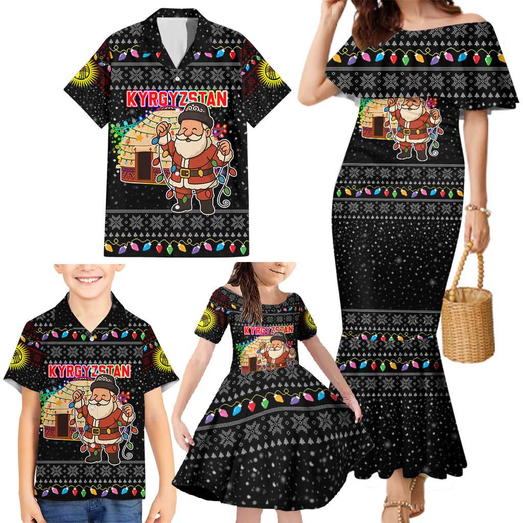 Kyrgyzstan Christmas Family Matching Mermaid Dress and Hawaiian Shirt with Santa Decorating Yurt Colorful Lights Snowflakes and National - Wonder Print Shop