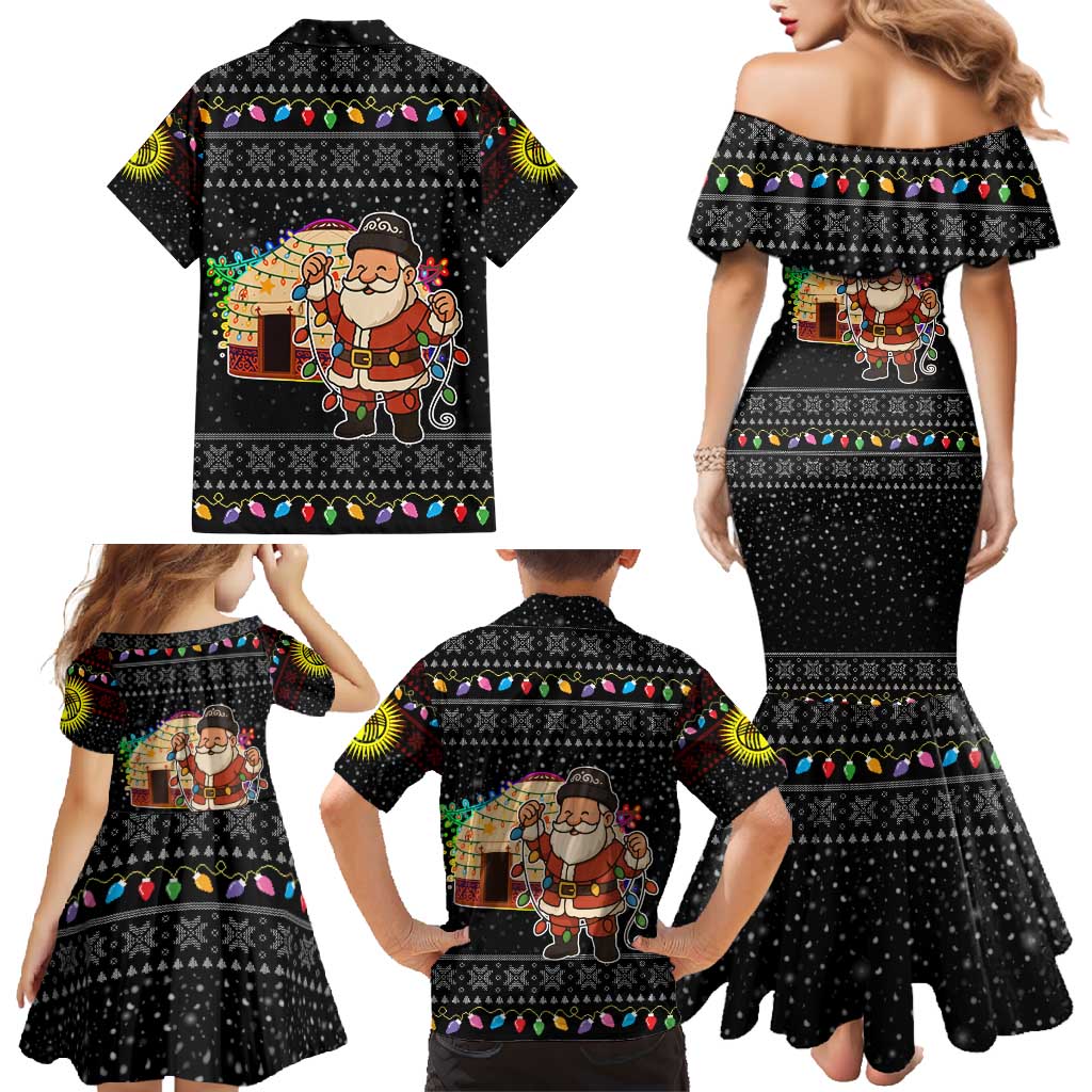 Kyrgyzstan Christmas Family Matching Mermaid Dress and Hawaiian Shirt with Santa Decorating Yurt Colorful Lights Snowflakes and National - Wonder Print Shop