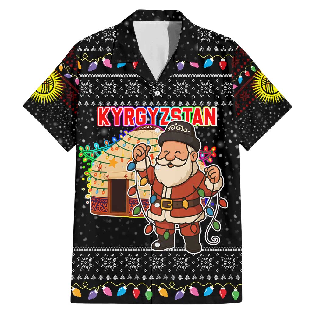 Kyrgyzstan Christmas Family Matching Mermaid Dress and Hawaiian Shirt with Santa Decorating Yurt Colorful Lights Snowflakes and National - Wonder Print Shop