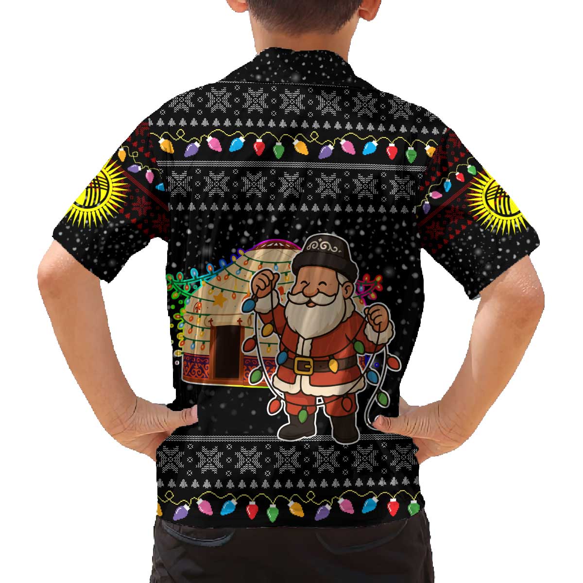 Kyrgyzstan Christmas Family Matching Off The Shoulder Long Sleeve Dress and Hawaiian Shirt with Santa Decorating Yurt Colorful Lights Snowflakes and National - Wonder Print Shop