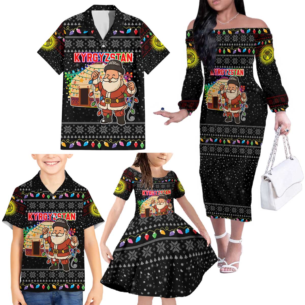 Kyrgyzstan Christmas Family Matching Off The Shoulder Long Sleeve Dress and Hawaiian Shirt with Santa Decorating Yurt Colorful Lights Snowflakes and National - Wonder Print Shop