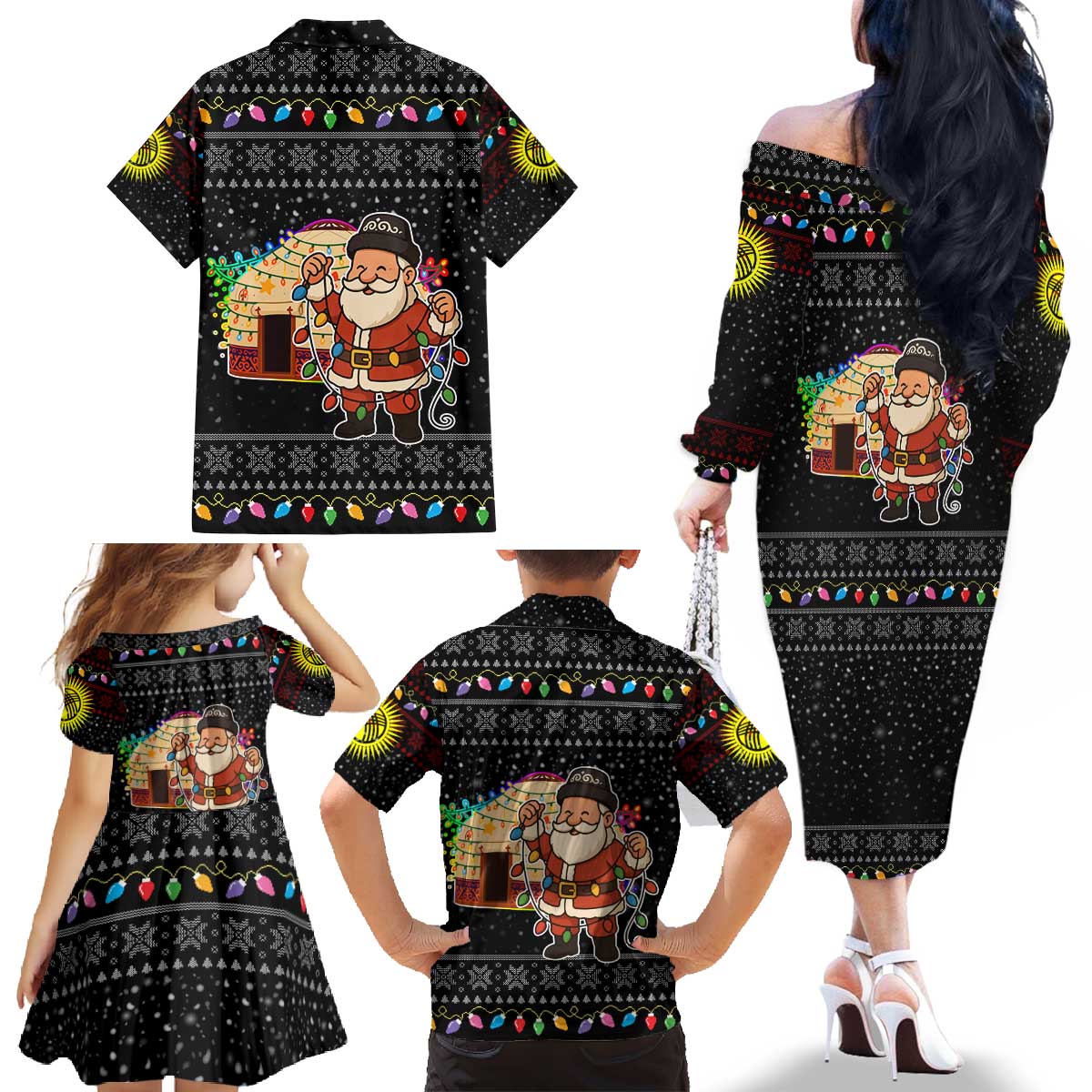Kyrgyzstan Christmas Family Matching Off The Shoulder Long Sleeve Dress and Hawaiian Shirt with Santa Decorating Yurt Colorful Lights Snowflakes and National - Wonder Print Shop