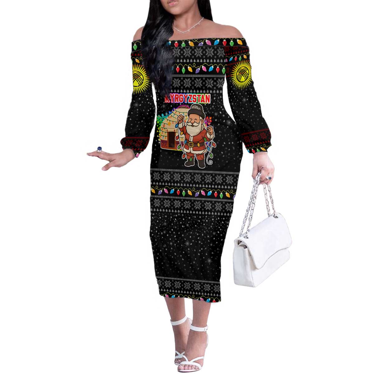 Kyrgyzstan Christmas Family Matching Off The Shoulder Long Sleeve Dress and Hawaiian Shirt with Santa Decorating Yurt Colorful Lights Snowflakes and National - Wonder Print Shop