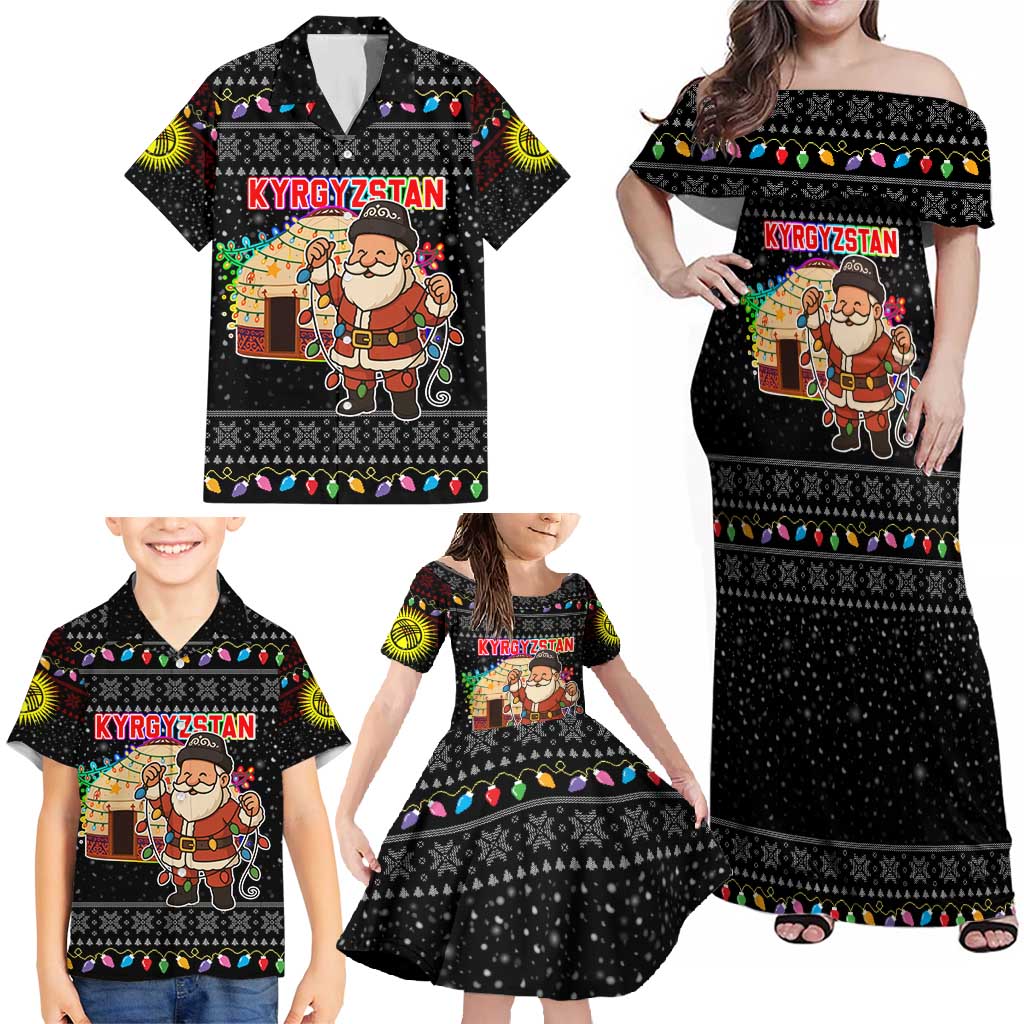 Kyrgyzstan Christmas Family Matching Off Shoulder Maxi Dress and Hawaiian Shirt with Santa Decorating Yurt Colorful Lights Snowflakes and National - Wonder Print Shop