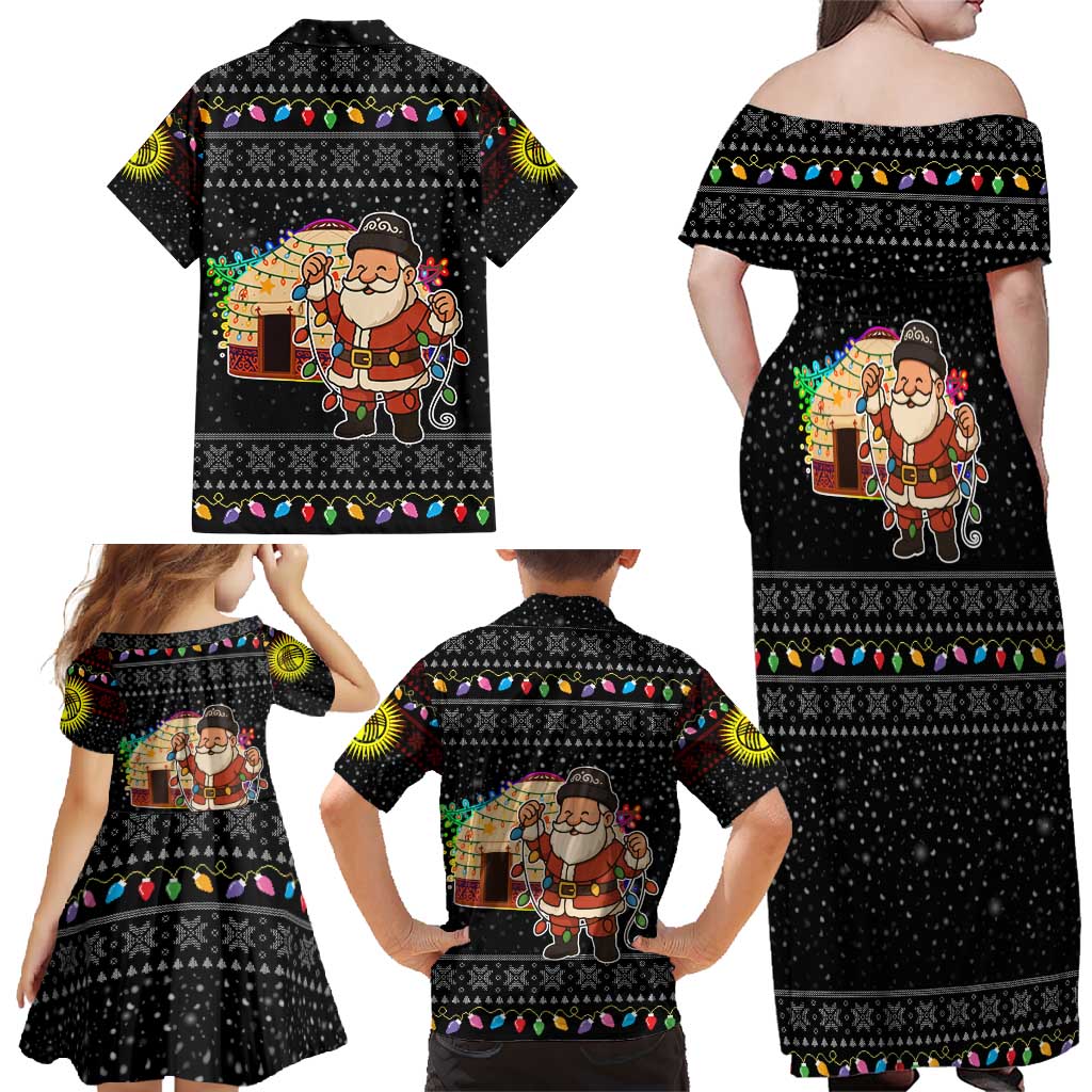 Kyrgyzstan Christmas Family Matching Off Shoulder Maxi Dress and Hawaiian Shirt with Santa Decorating Yurt Colorful Lights Snowflakes and National - Wonder Print Shop
