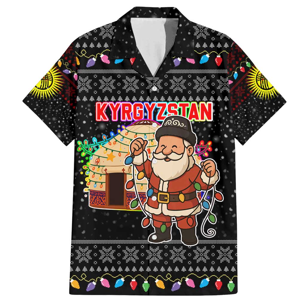 Kyrgyzstan Christmas Family Matching Off Shoulder Maxi Dress and Hawaiian Shirt with Santa Decorating Yurt Colorful Lights Snowflakes and National - Wonder Print Shop