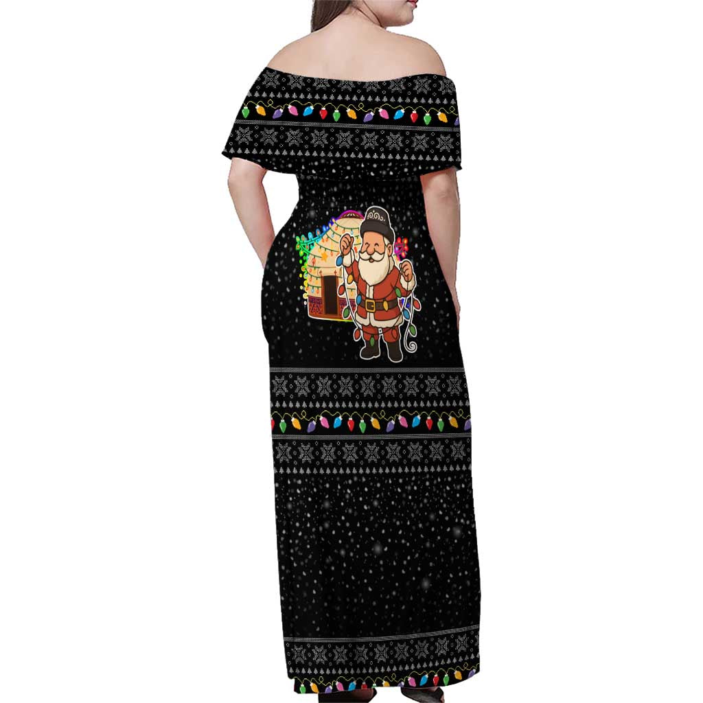 Kyrgyzstan Christmas Family Matching Off Shoulder Maxi Dress and Hawaiian Shirt with Santa Decorating Yurt Colorful Lights Snowflakes and National - Wonder Print Shop