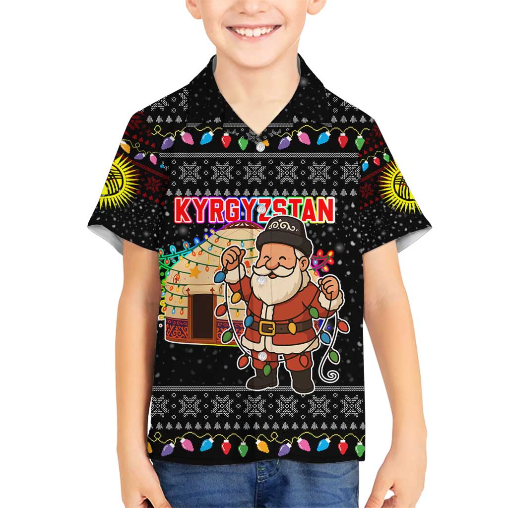 Kyrgyzstan Christmas Family Matching Off Shoulder Maxi Dress and Hawaiian Shirt with Santa Decorating Yurt Colorful Lights Snowflakes and National - Wonder Print Shop
