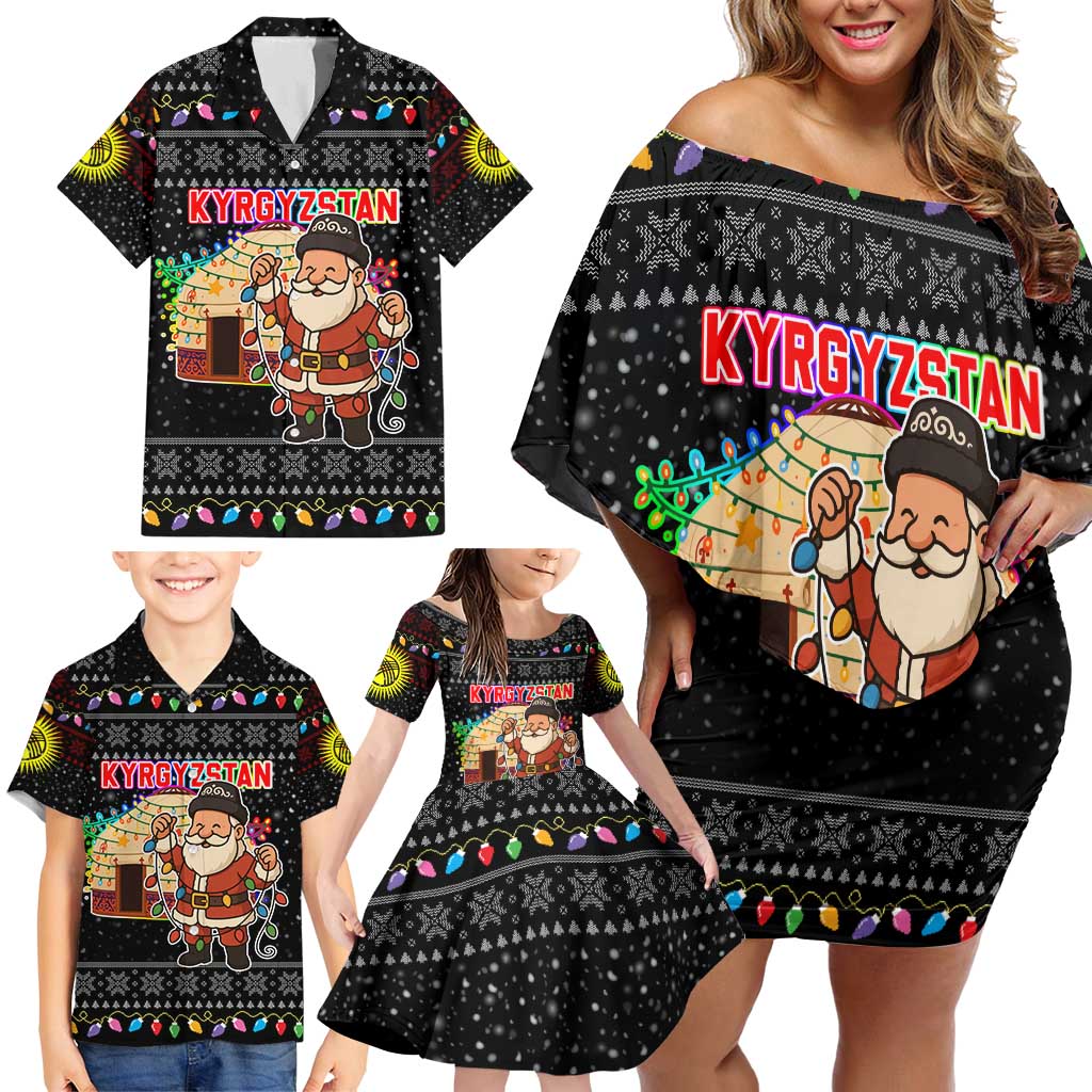 Kyrgyzstan Christmas Family Matching Off Shoulder Short Dress and Hawaiian Shirt with Santa Decorating Yurt Colorful Lights Snowflakes and National - Wonder Print Shop
