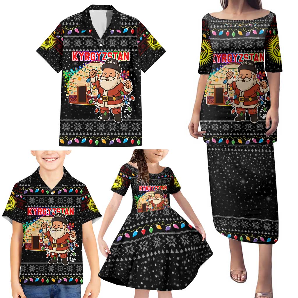 Kyrgyzstan Christmas Family Matching Puletasi and Hawaiian Shirt with Santa Decorating Yurt Colorful Lights Snowflakes and National - Wonder Print Shop