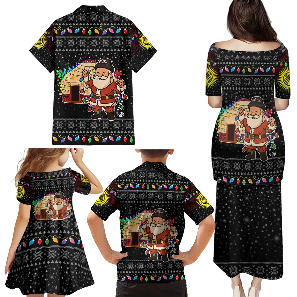 Kyrgyzstan Christmas Family Matching Puletasi and Hawaiian Shirt with Santa Decorating Yurt Colorful Lights Snowflakes and National - Wonder Print Shop