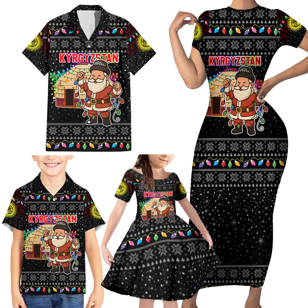 Kyrgyzstan Christmas Family Matching Short Sleeve Bodycon Dress and Hawaiian Shirt with Santa Decorating Yurt Colorful Lights Snowflakes and National - Wonder Print Shop