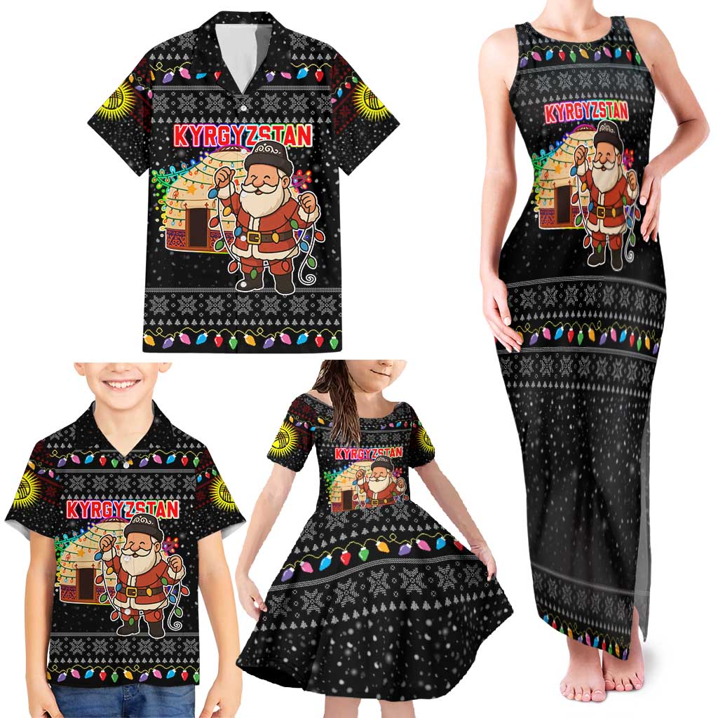 Kyrgyzstan Christmas Family Matching Tank Maxi Dress and Hawaiian Shirt with Santa Decorating Yurt Colorful Lights Snowflakes and National - Wonder Print Shop