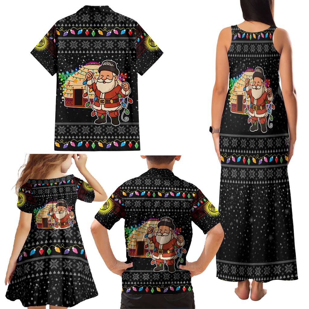 Kyrgyzstan Christmas Family Matching Tank Maxi Dress and Hawaiian Shirt with Santa Decorating Yurt Colorful Lights Snowflakes and National - Wonder Print Shop