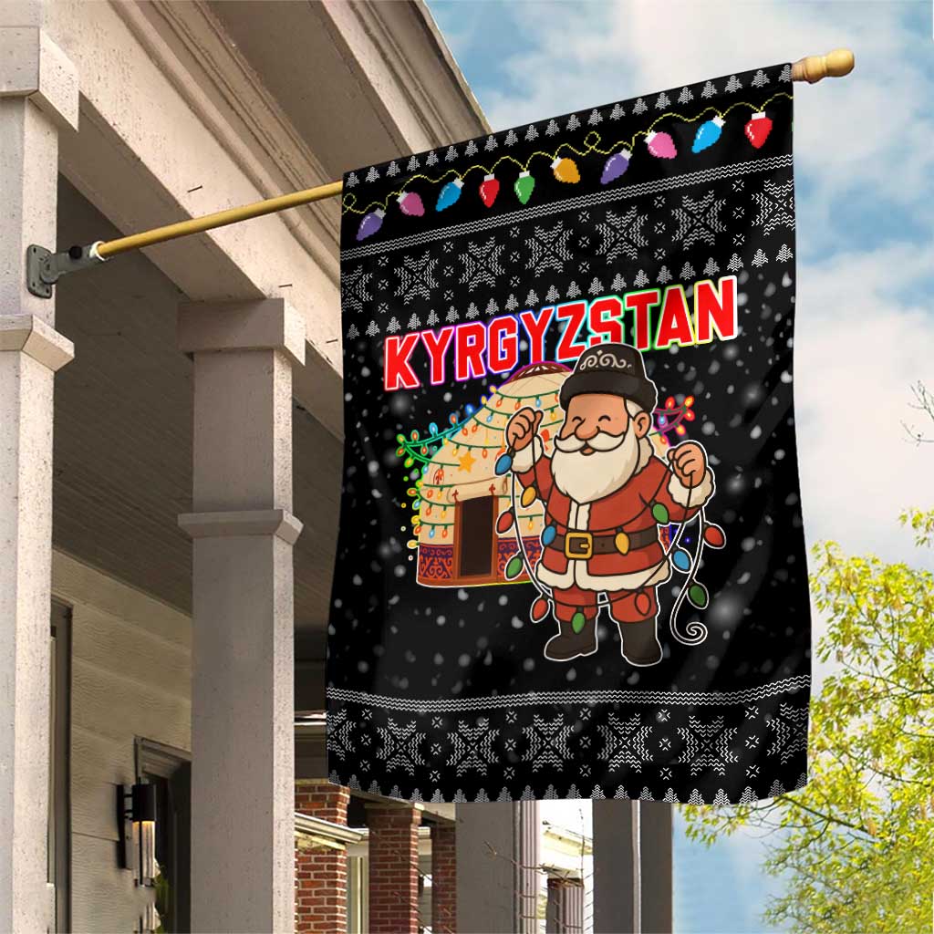 Kyrgyzstan Christmas Garden Flag with Santa Decorating Yurt Colorful Lights Snowflakes and National - Wonder Print Shop