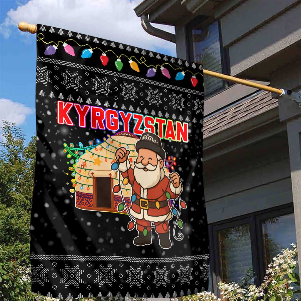 Kyrgyzstan Christmas Garden Flag with Santa Decorating Yurt Colorful Lights Snowflakes and National - Wonder Print Shop