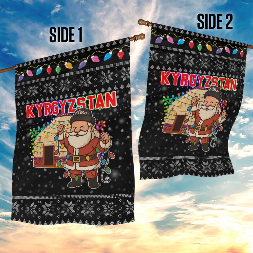 Kyrgyzstan Christmas Garden Flag with Santa Decorating Yurt Colorful Lights Snowflakes and National - Wonder Print Shop