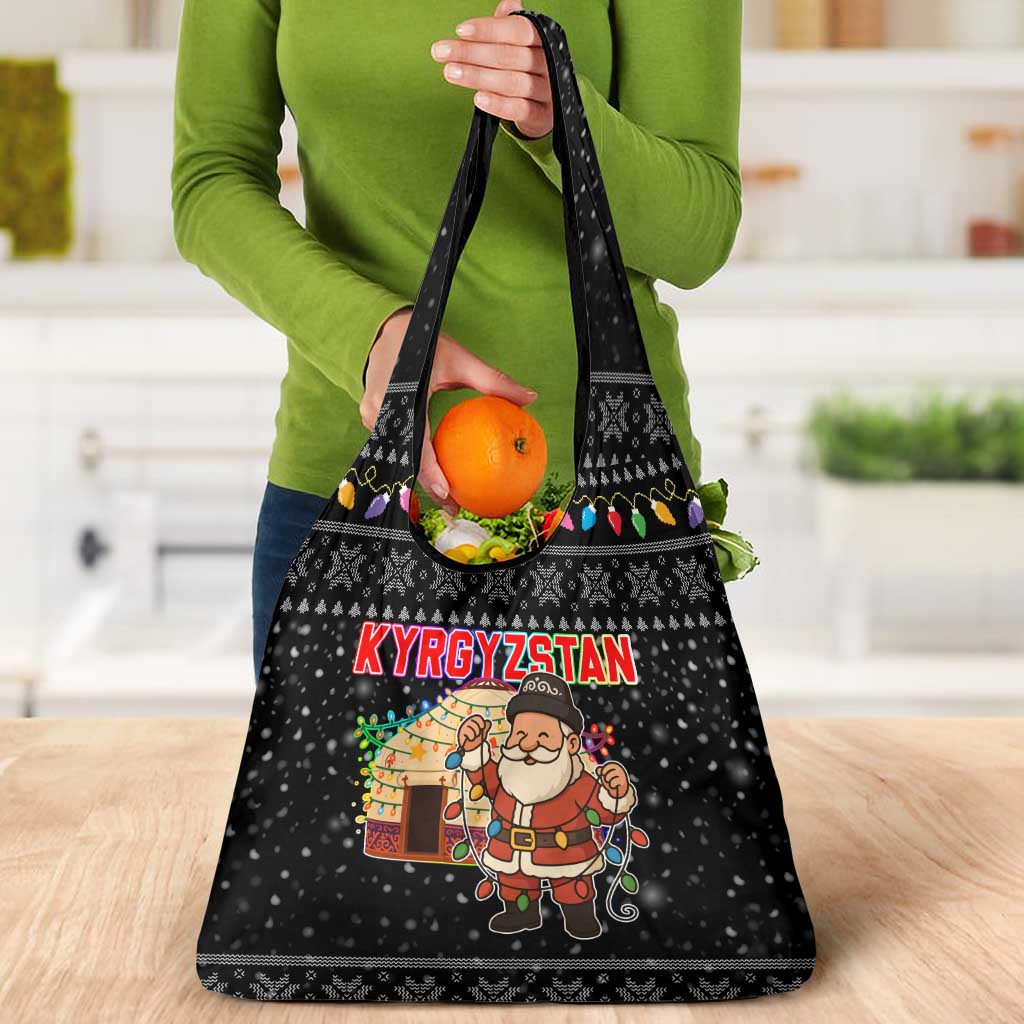 Kyrgyzstan Christmas Grocery Bag with Santa Decorating Yurt Colorful Lights Snowflakes and National - Wonder Print Shop