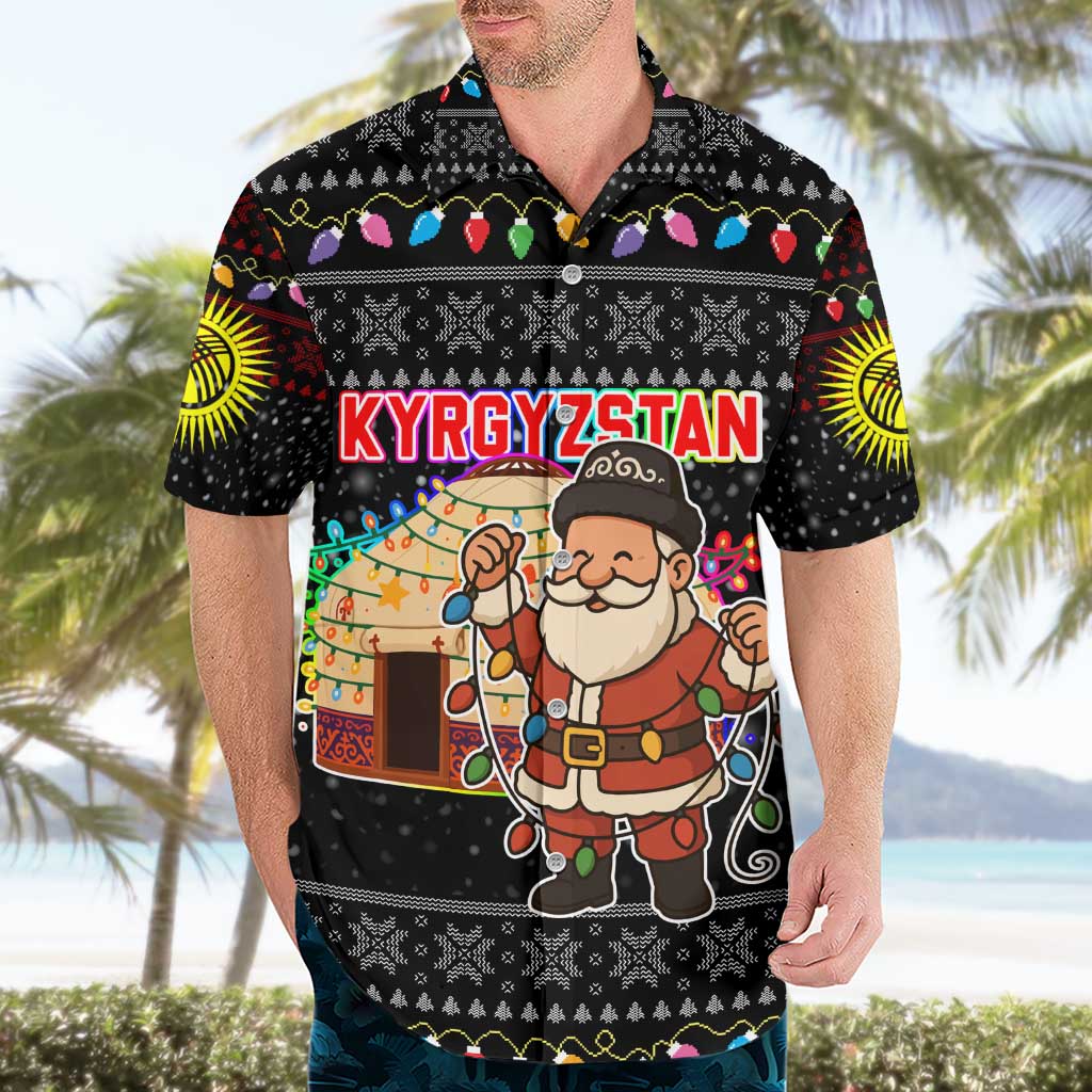 Kyrgyzstan Christmas Hawaiian Shirt with Santa Decorating Yurt Colorful Lights Snowflakes and National - Wonder Print Shop
