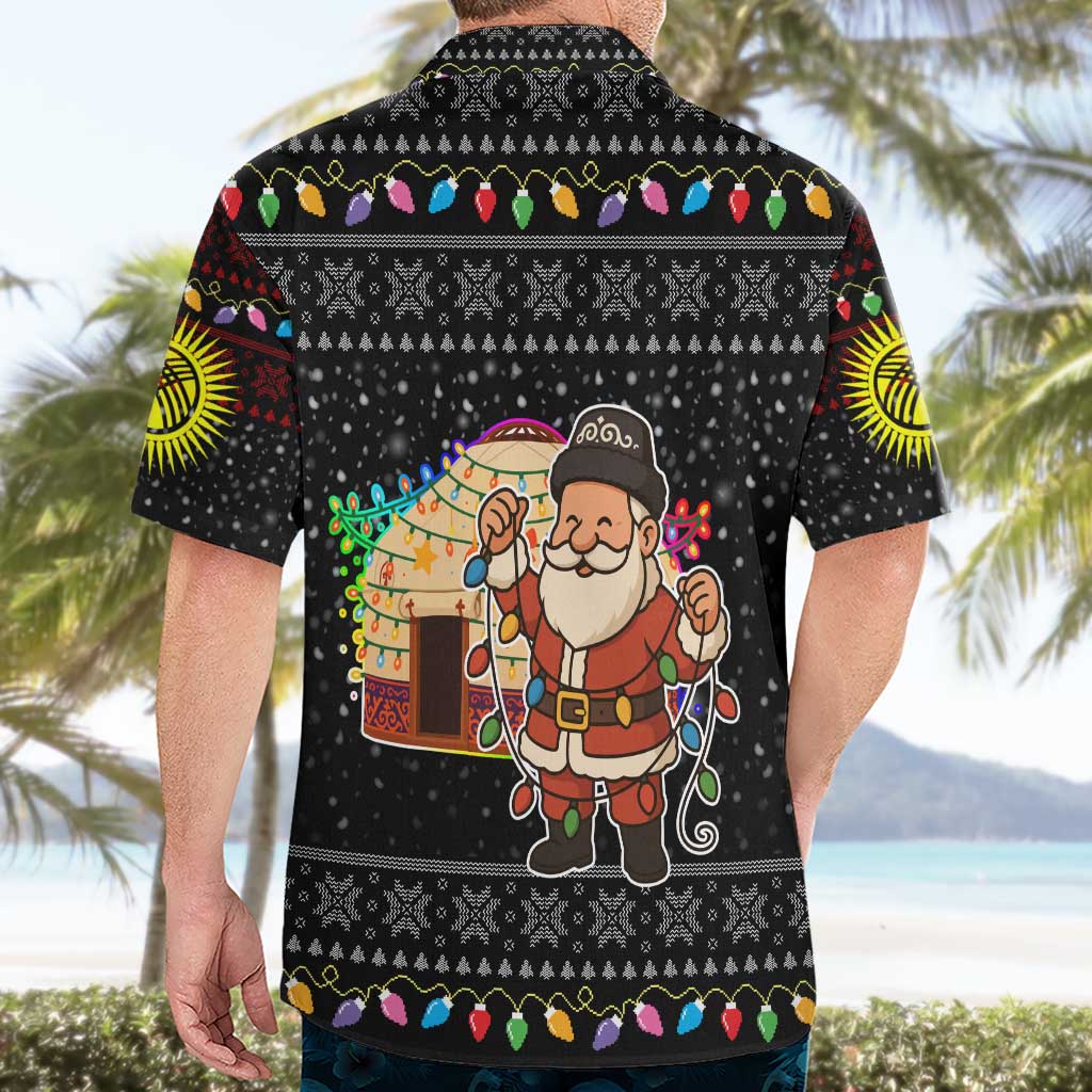 Kyrgyzstan Christmas Hawaiian Shirt with Santa Decorating Yurt Colorful Lights Snowflakes and National - Wonder Print Shop