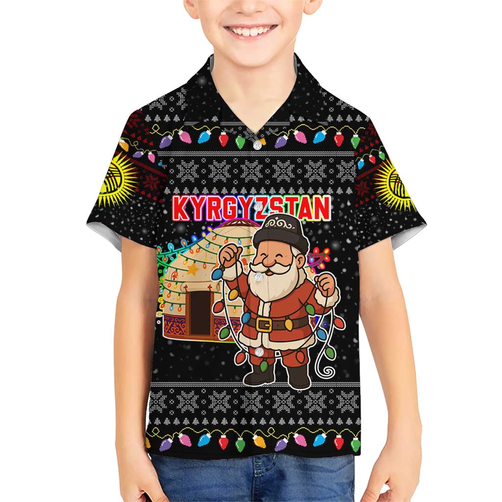 Kyrgyzstan Christmas Hawaiian Shirt with Santa Decorating Yurt Colorful Lights Snowflakes and National - Wonder Print Shop